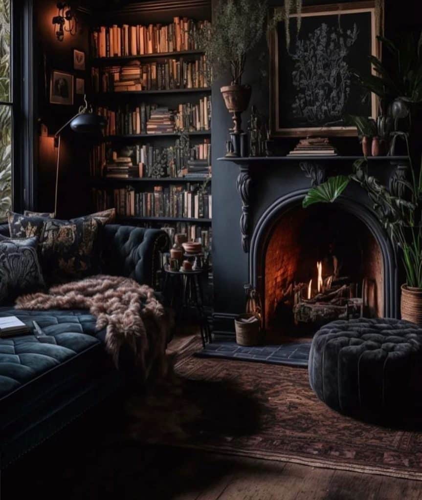Dark book-lined living room with sofa, fireplace and warm low light